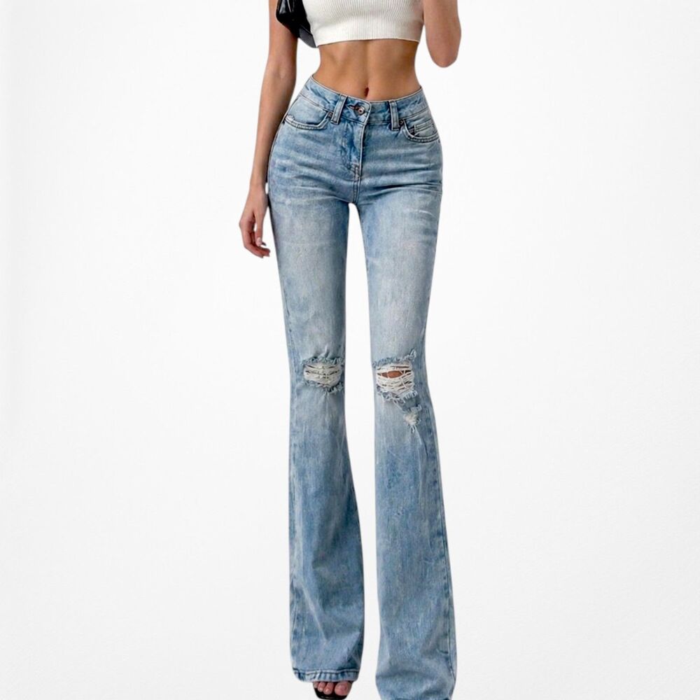 Blue Medium Wash Distressed Destroyed Ripped Knees Flared Jeans Size XS/S
